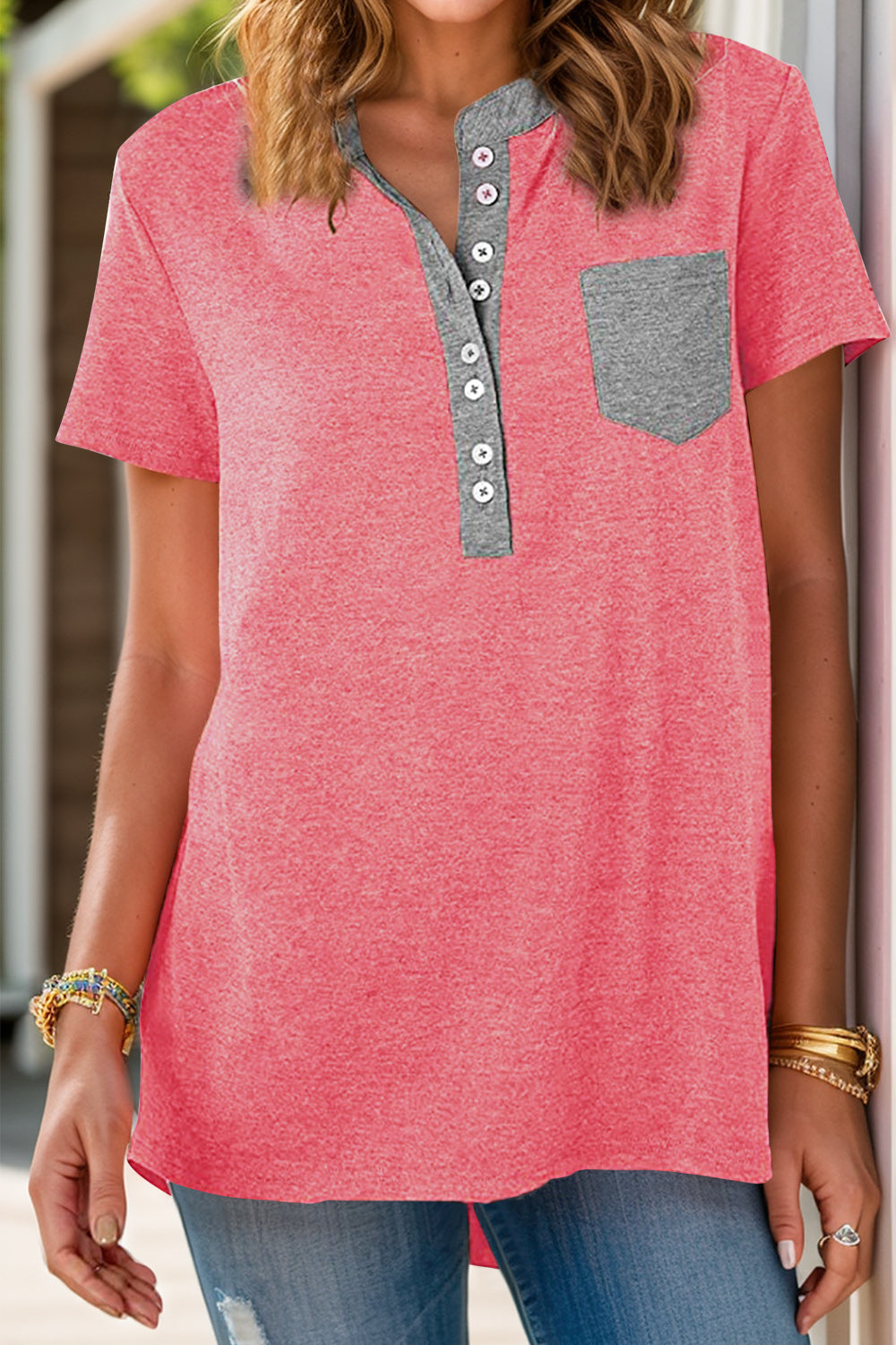 Full Size Half Button Short Sleeve T-Shirt