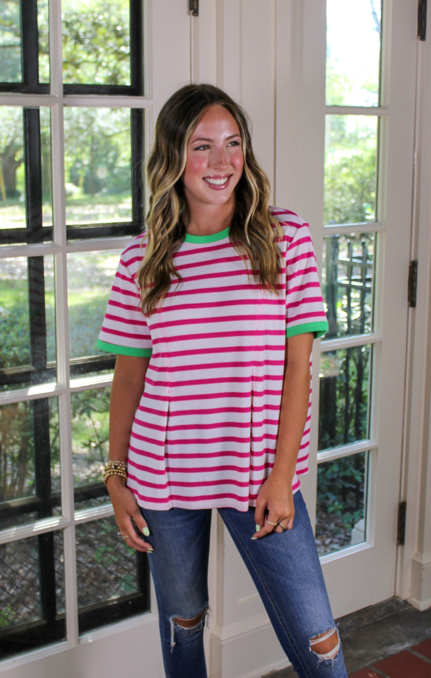Pink and Green Striped Tee July.