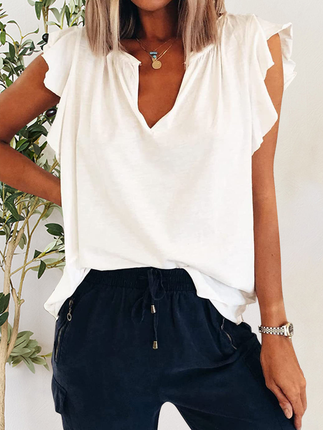 Ruffled Notched Cap Sleeve T-Shirt