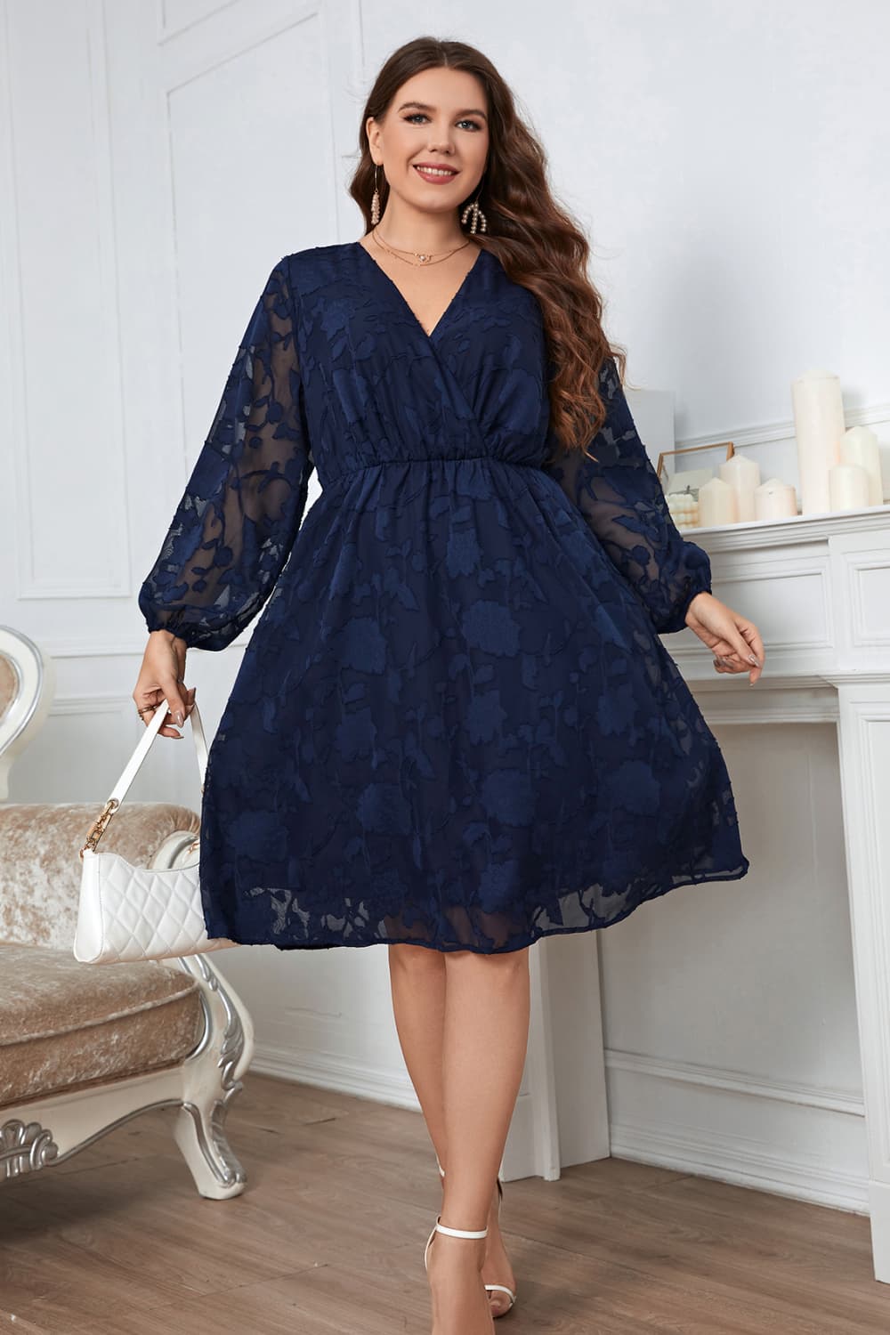 Honey Melo Apparel Plus Size Surplice Neck Balloon Sleeve Dress