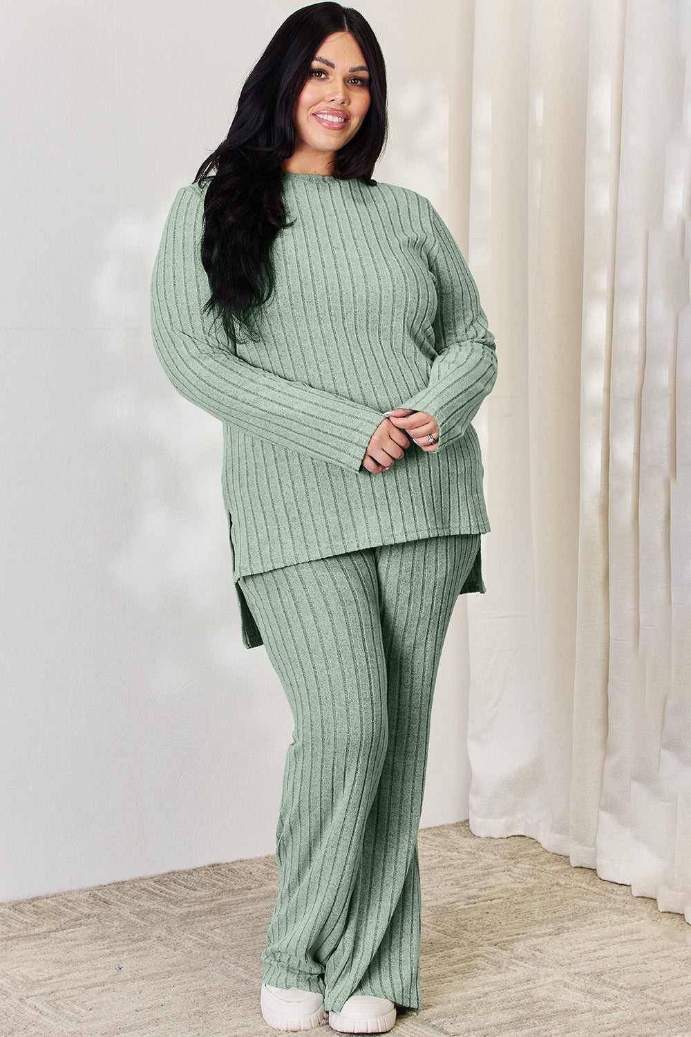 Basic Bae Full Size Ribbed High-Low Top and Wide Leg Lounge Pants Set