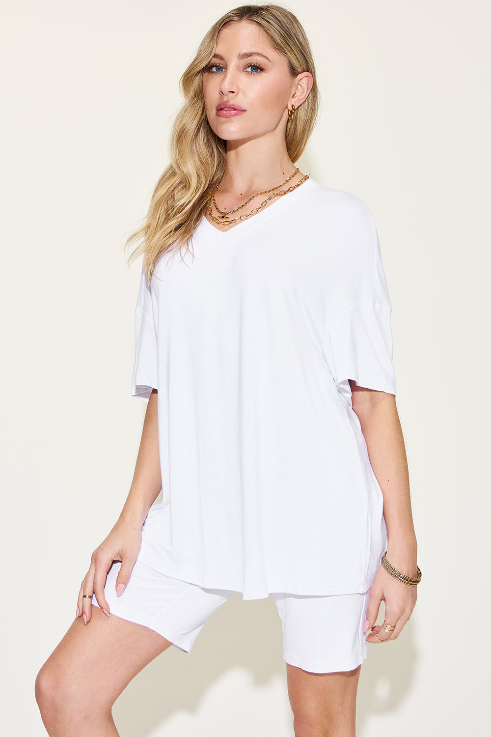 Basic Bae Full Size V-Neck Drop Shoulder Short Sleeve TEE and Shorts Set