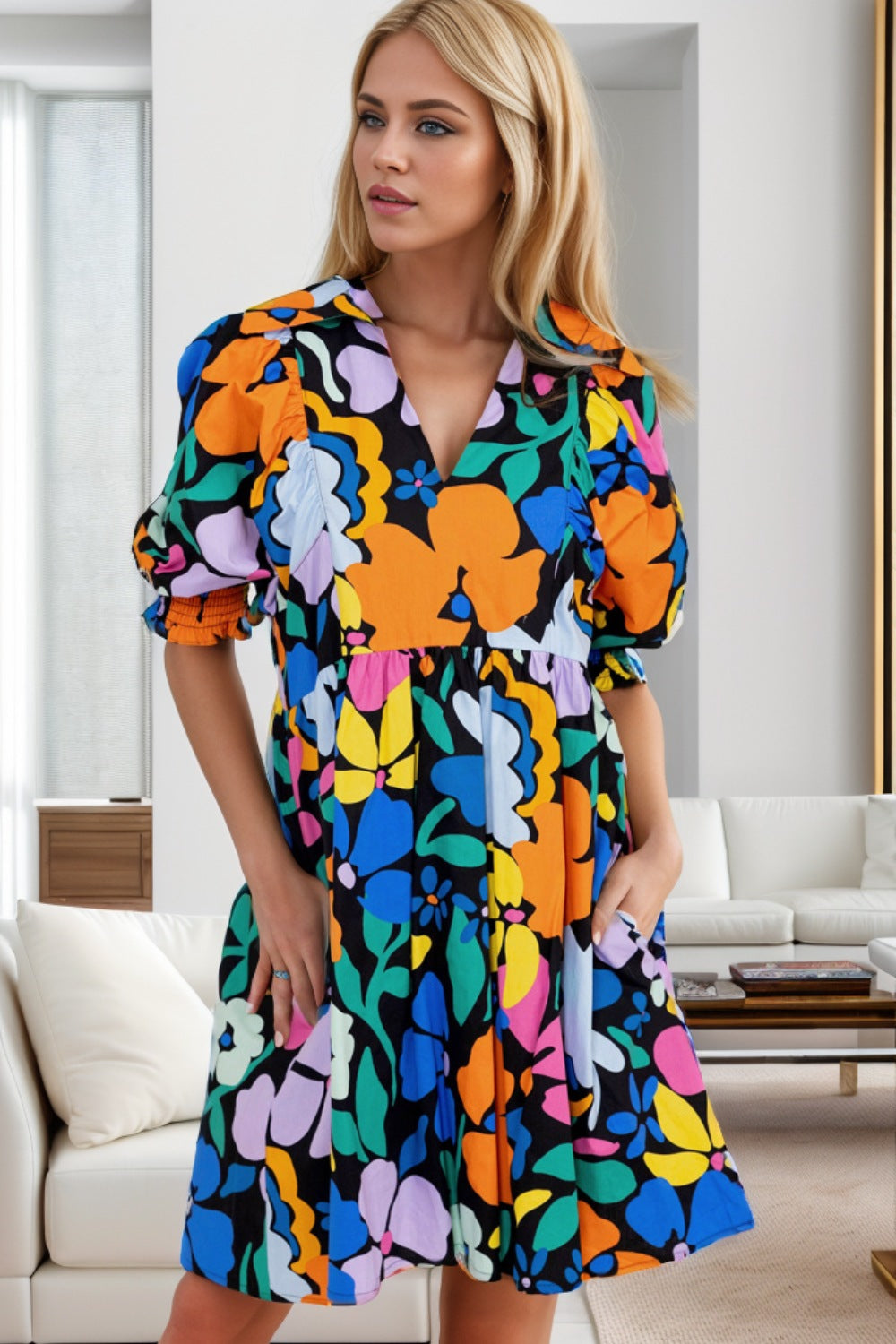 Printed Johnny Collar Half Sleeve Mini Dress