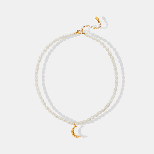 Pearl Titanium Gold plated Moon Shape Pendant Necklace