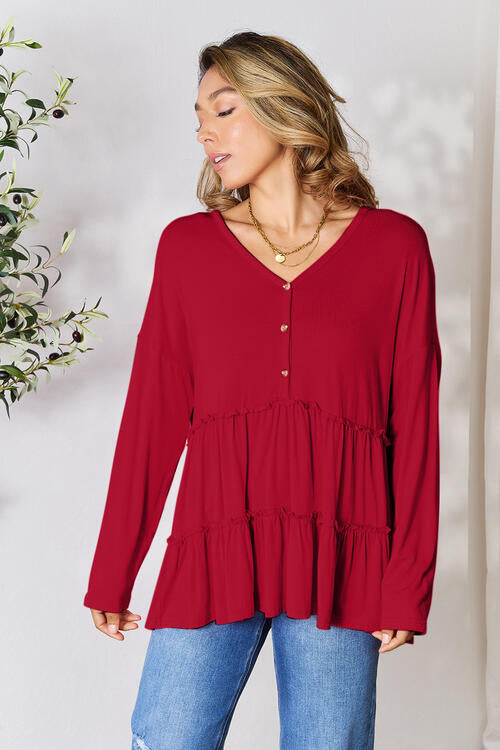 Double Take Half Button Long Sleeve Ruffle Hem Blouse SMALL-PLUS SIZE