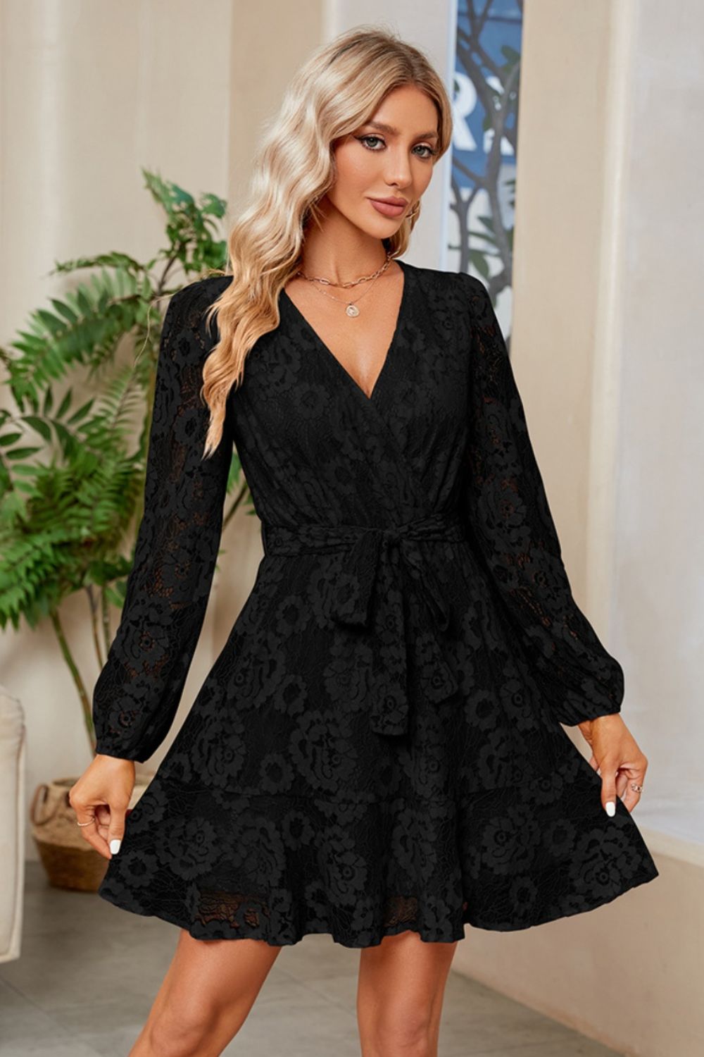 Surplice Lace Long Sleeve Mini Dress