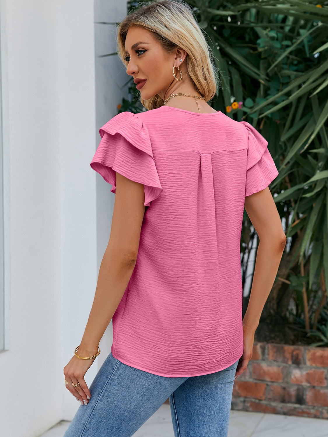 V-Neck Flounce Sleeve Blouse