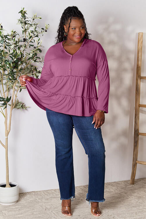 Double Take Half Button Long Sleeve Ruffle Hem Blouse SMALL-PLUS SIZE