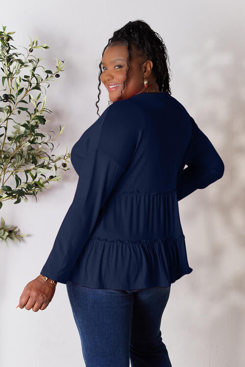 Double Take Half Button Long Sleeve Ruffle Hem Blouse SMALL-PLUS SIZE