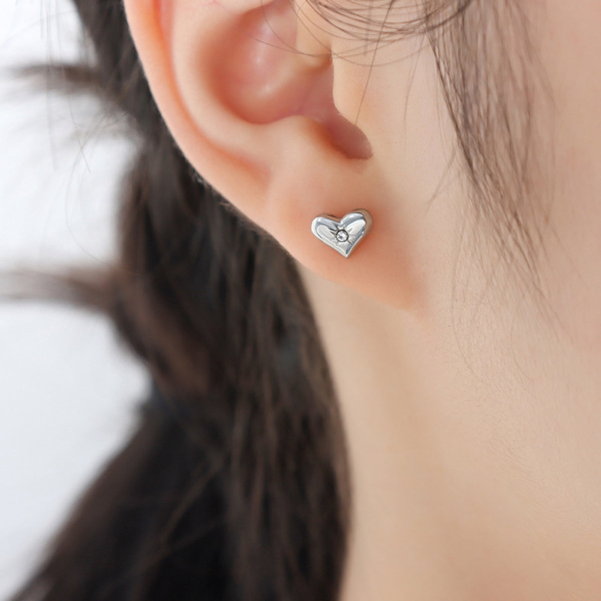 Titanium Zircon Heart Stud Earrings