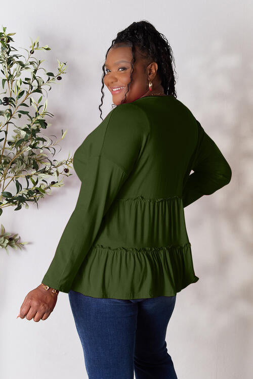 Double Take Half Button Long Sleeve Ruffle Hem Blouse SMALL-PLUS SIZE