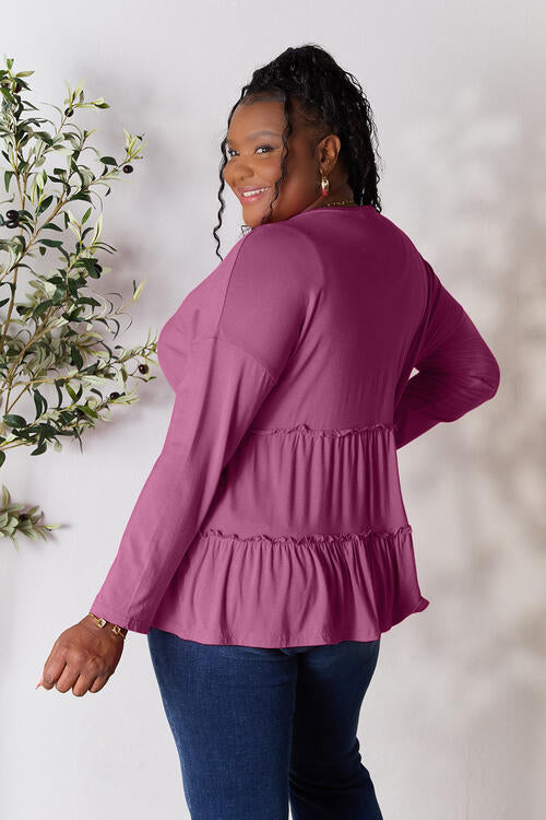 Double Take Half Button Long Sleeve Ruffle Hem Blouse SMALL-PLUS SIZE