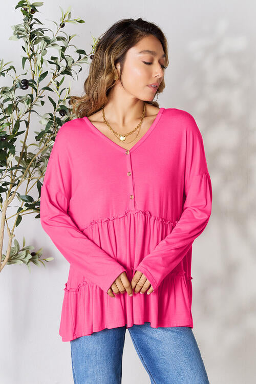 Double Take Half Button Long Sleeve Ruffle Hem Blouse SMALL-PLUS SIZE