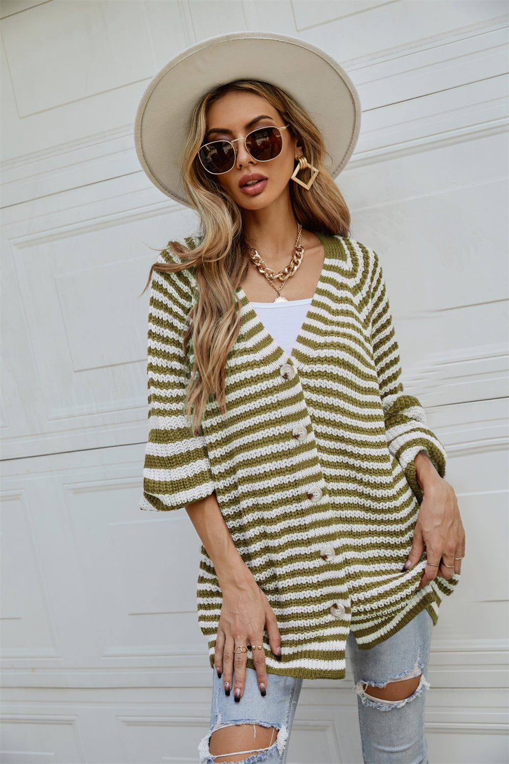 Striped Button Up Long Sleeve Cardigan