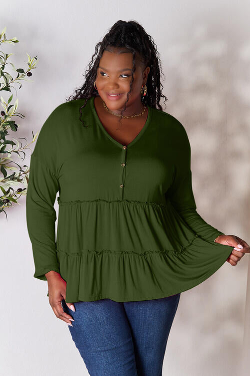 Double Take Half Button Long Sleeve Ruffle Hem Blouse SMALL-PLUS SIZE