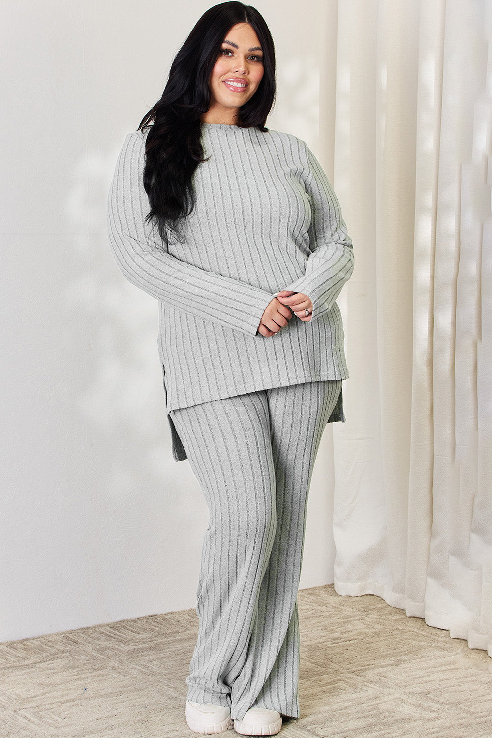 Basic Bae Full Size Ribbed High-Low Top and Wide Leg Lounge Pants Set