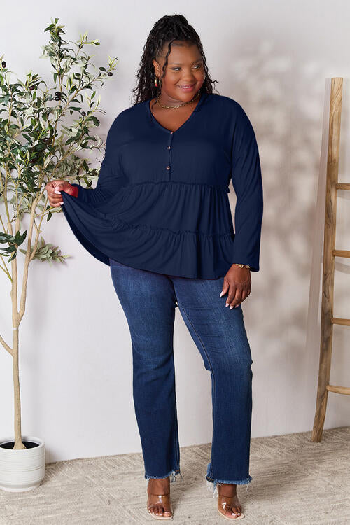 Double Take Half Button Long Sleeve Ruffle Hem Blouse SMALL-PLUS SIZE