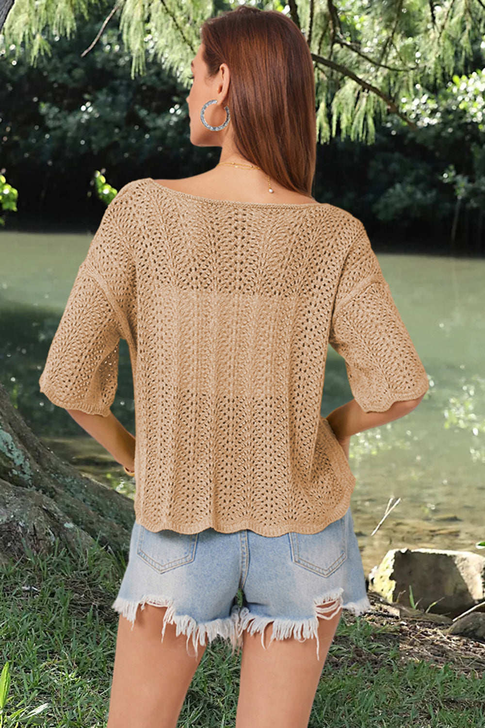 Openwork Round Neck Half Sleeve Knit Top