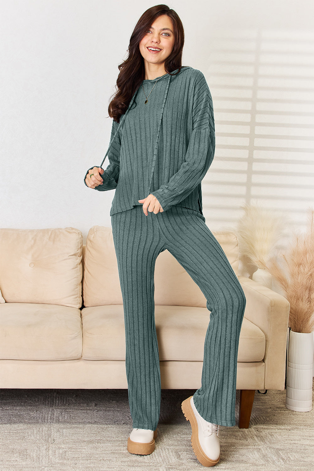 Basic Bae Full Size Ribbed Drawstring Hoodie Top and Straight Pants Set