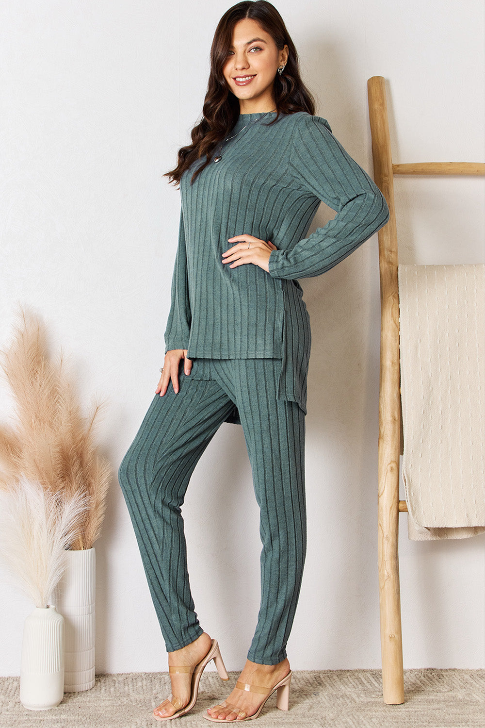 Basic Bae Full Size Ribbed Round Neck High-Low Slit Top and Lounge Pants Set